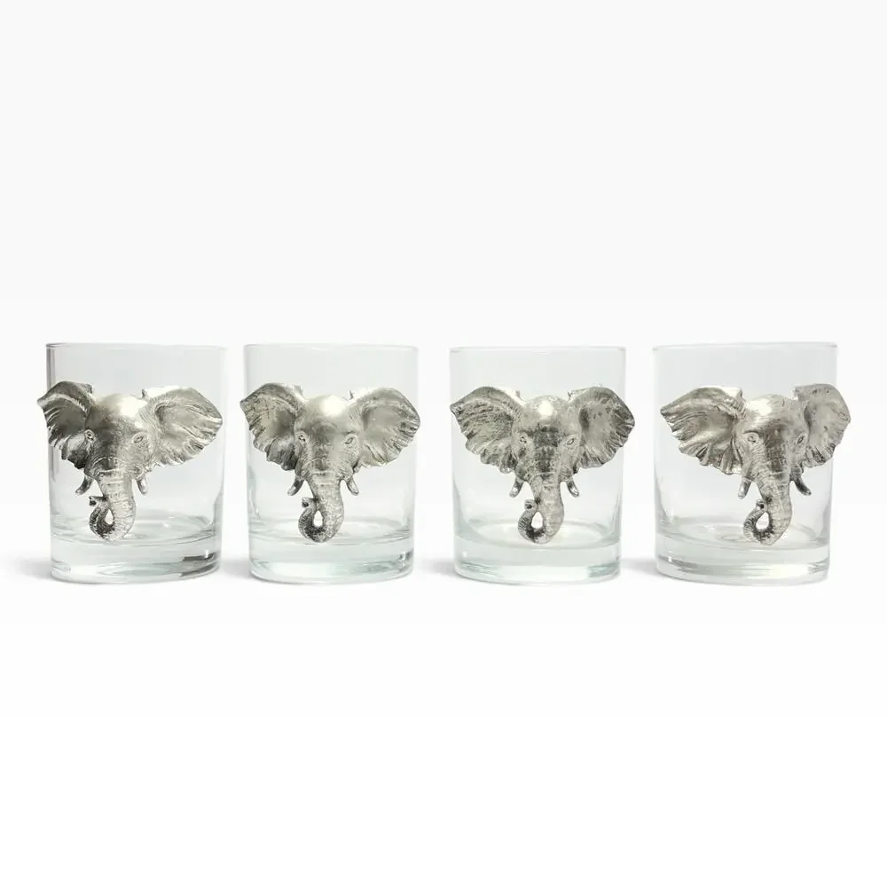 Arthur Court “Safari” 4 Elephant Double Old Fashioned Tumbler Glasses 4” 14oz